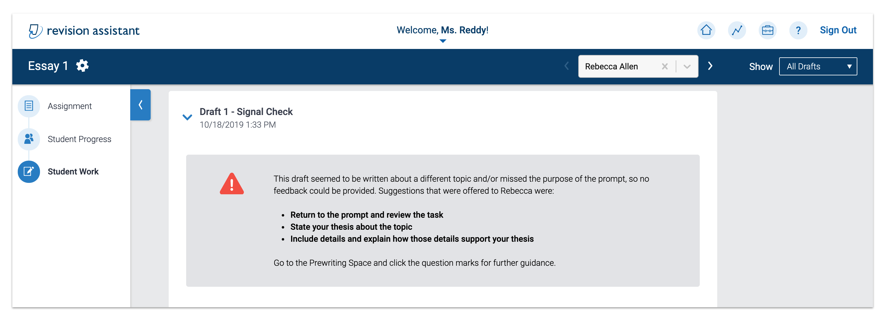 Teacher viewing student submission with off-topic validator